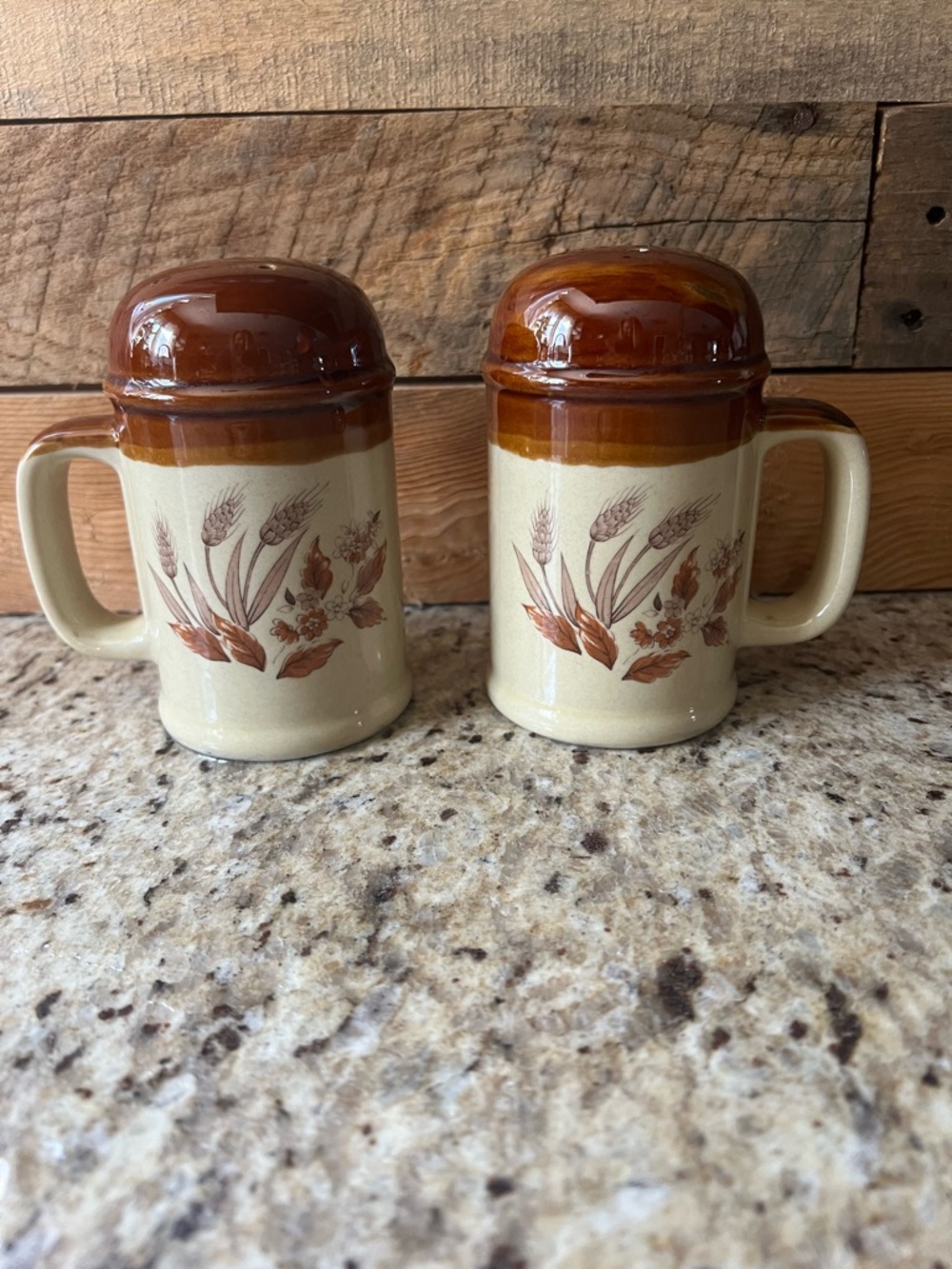 Vintage MCM Ceramic Harvest Wheat Salt and Pepper Shaker Set - Brown & Cream